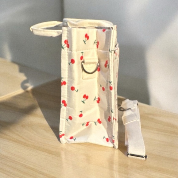 Cream Cherry Print Canvas Tote Bag with Removable Strap New - Picture 6 of 7